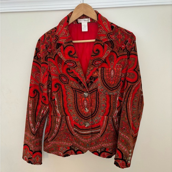 Ladies Isaac Mizrahi Red Corduroy Paisley Print Blazer - Picture 2 of 10